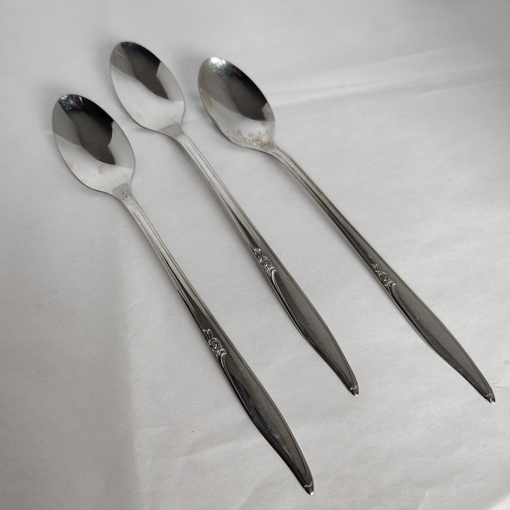 Oneida Kenwood Forever Rose Stainless Steel Iced Tea Spoon 3 USA Glossy Flatware